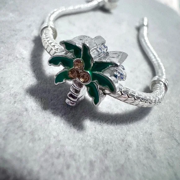 Silver Tone Palm Tree Charm Bracelet Enamel Green Coconuts Rhinestones Women - Picture 2 of 9